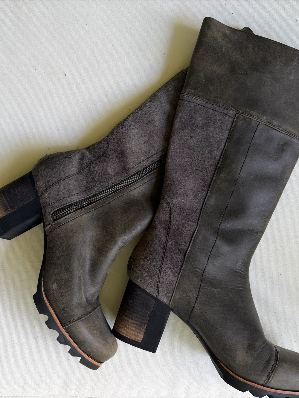 Sorel Gray Leather & Suede Mid-Calf Block Heel Boots